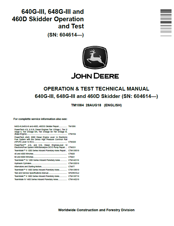 John Deere TM1084 640G-III 648G-III & 460D Skidder Technical Manual