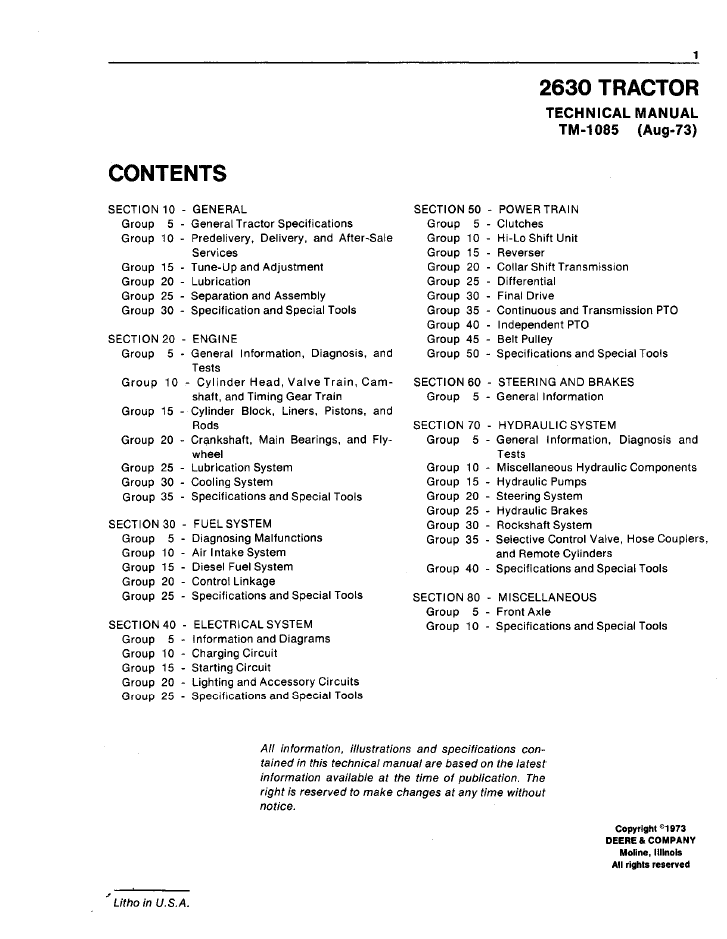 John Deere TM1085 2630 Tractor Repair & Service Manual