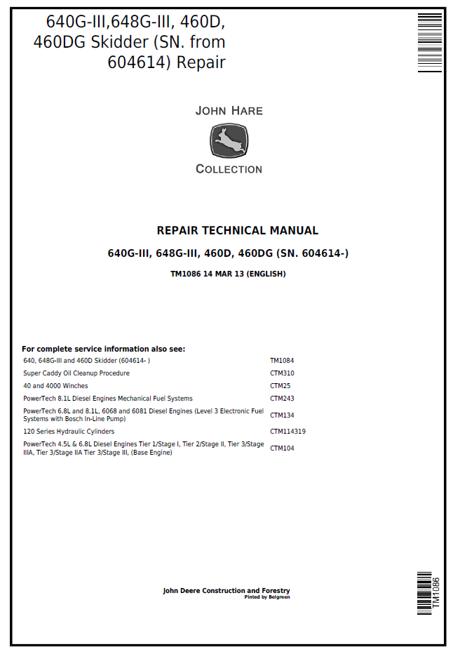 John Deere TM1086 640G-III 648G-III 460D Skidder Repair Manual