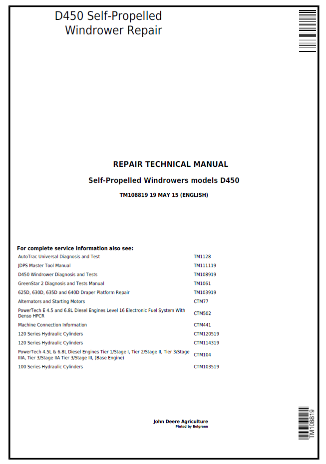 John Deere TM108819 D450 Self-Propelled Windrower Repair Manual