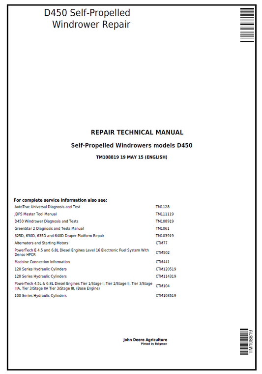 John Deere TM108819 D450 Self-Propelled Windrower Repair Manual