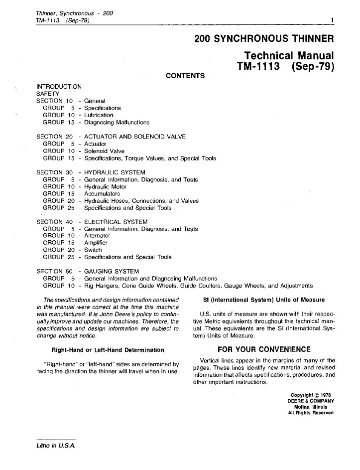 John Deere TM1113 Synchronous Thinner Service & Repair Manual