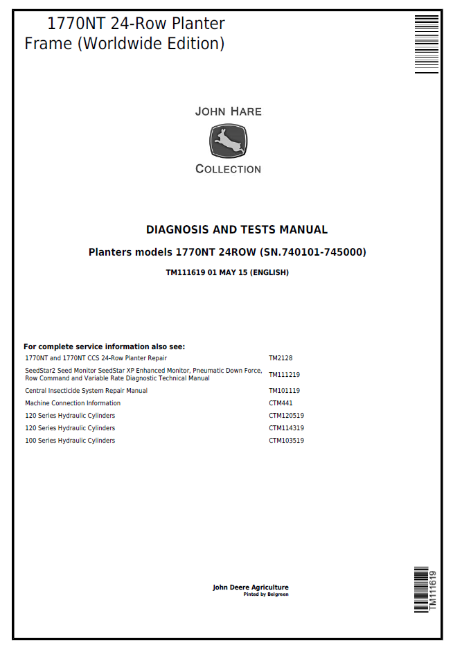 John Deere TM111619 1770NT 24-Row Planter Frame Test Manual