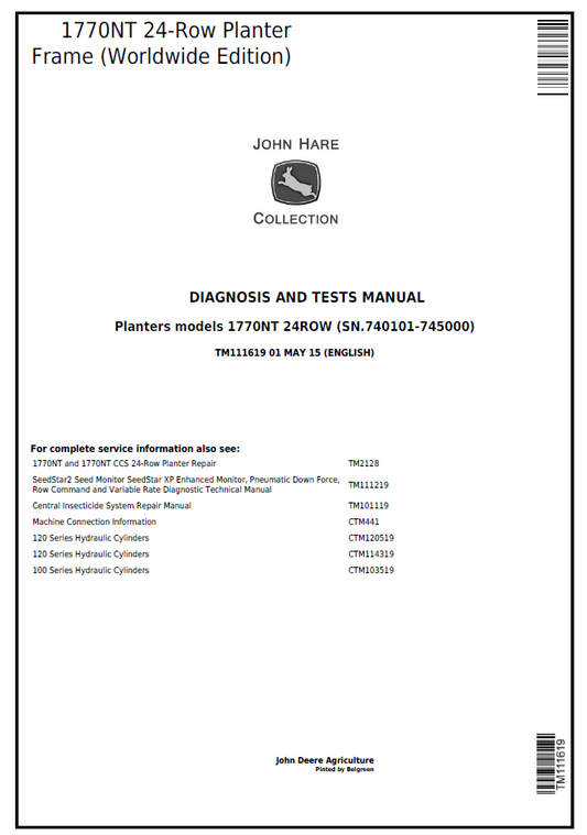 John Deere TM111619 1770NT 24-Row Planter Frame Test Manual