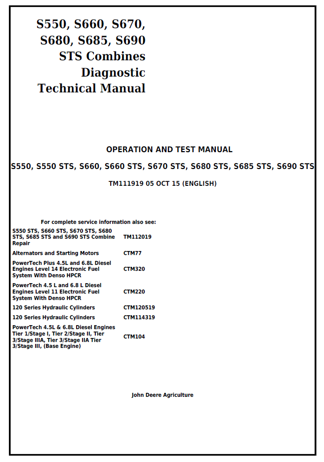 John Deere TM111919 S550 S660 S670 S680 S685 S690 STS Diagnostic Manual