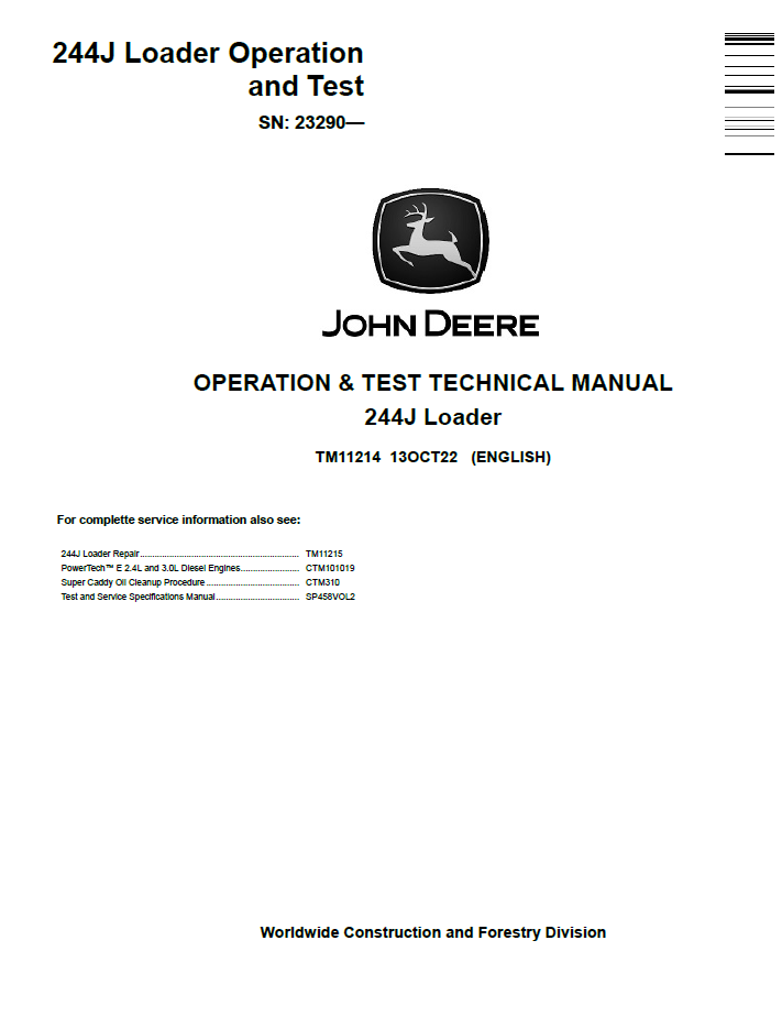 John Deere TM11214 244J Loader Operation & Test Technical Manual PDF