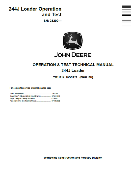 John Deere TM11214 244J Loader Operation & Test Technical Manual PDF
