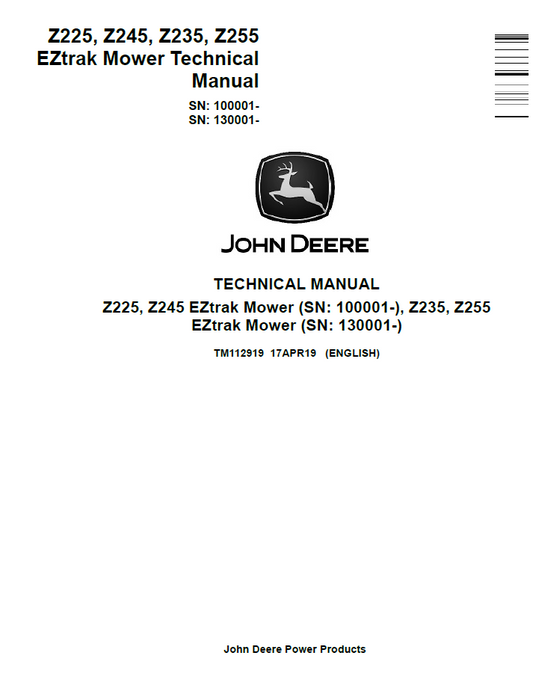 John Deere TM112919 Z225 Z235 Z245 Z255 EZtrak Mower Manual