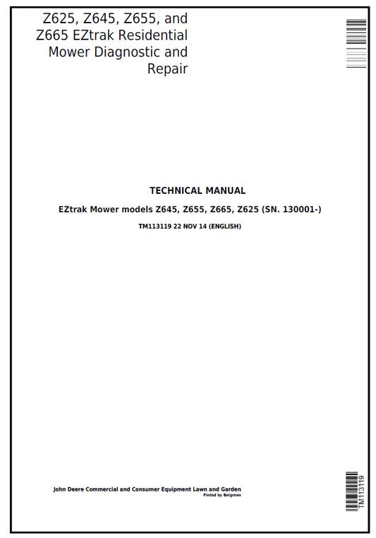 John Deere TM113119 Z625 Z645 Z655 Z665 EZTrak Repair Manual