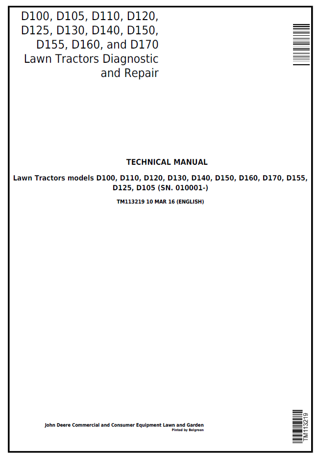 John Deere TM113219 D100-D170 Lawn Tractor Repair Manual