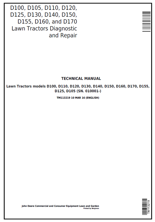 John Deere TM113219 D100-D170 Lawn Tractor Repair Manual