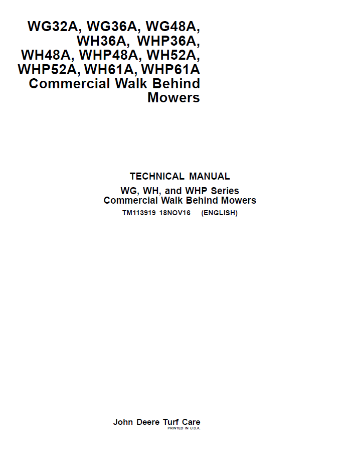John Deere TM113919 WG WH WHP Commercial Mower Manual