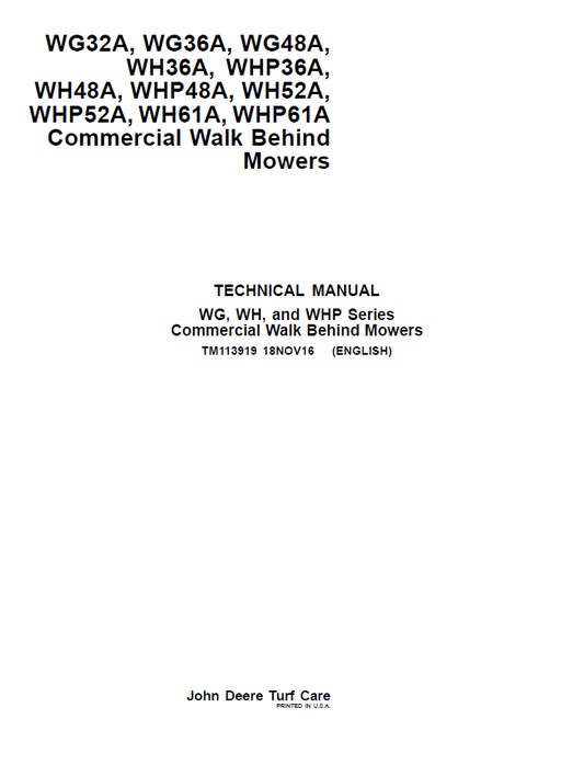 John Deere TM113919 WG WH WHP Commercial Mower Manual