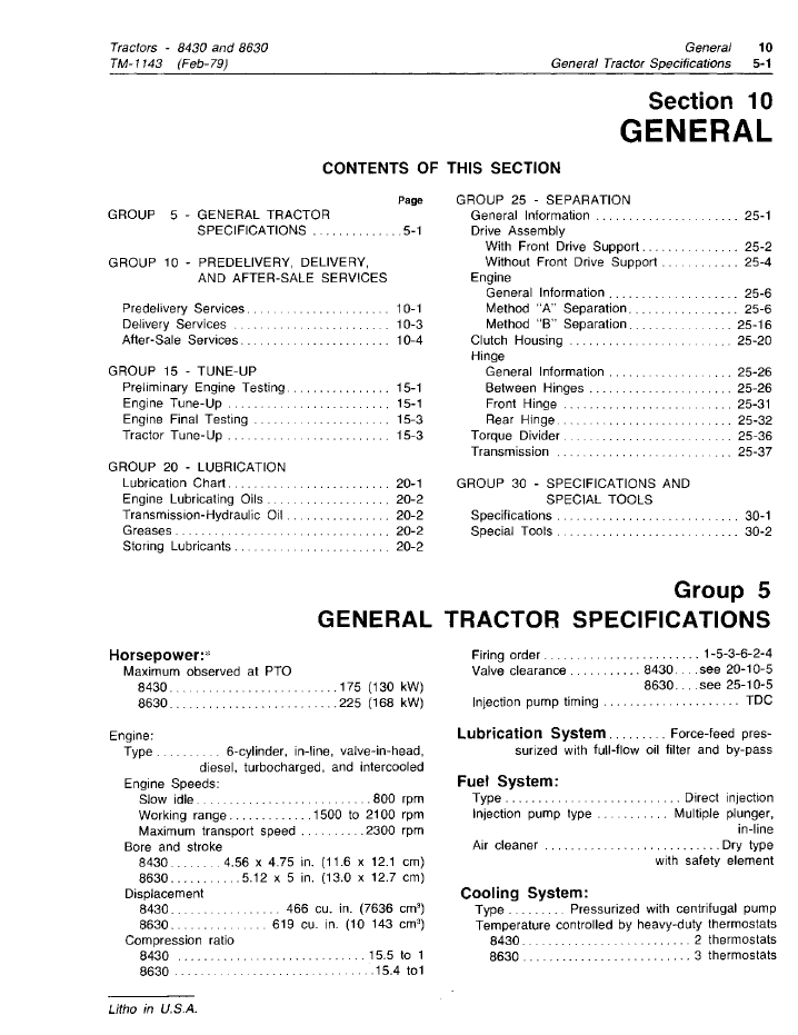 John Deere TM1143 Tractor Technical Repair & Maintenance Manual