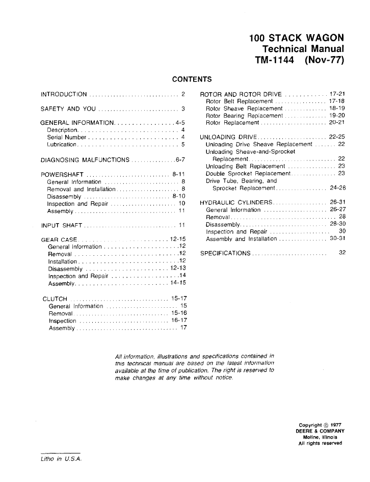 John Deere TM1144 100 Stack Wagon Service & Repair Manual