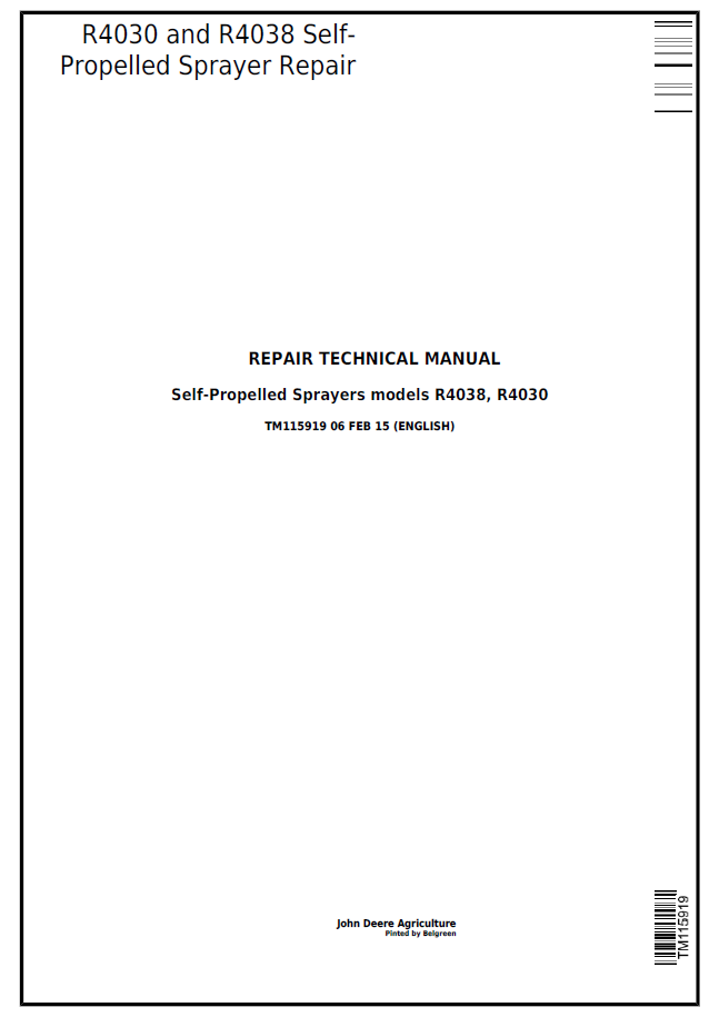 John Deere TM115919 R4030 R4038 Self-Propelled Sprayer Manual PDF
