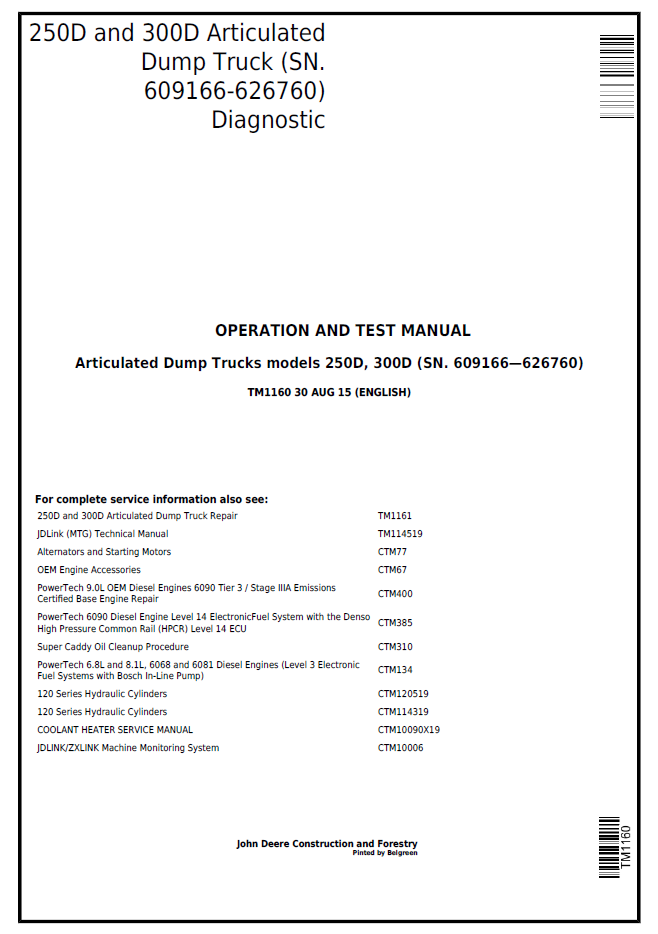 John Deere TM1160 250D & 300D Articulated Dump Truck Diagnostic Manual