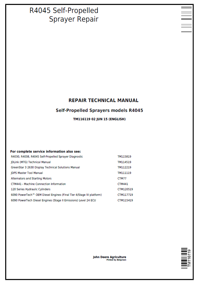 John Deere TM116119 R4045 Self-Propelled Sprayer Repair Manual