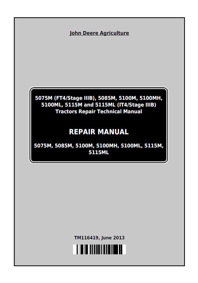 John Deere TM116419 5075M-5115M M Series Tractor Repair Manual