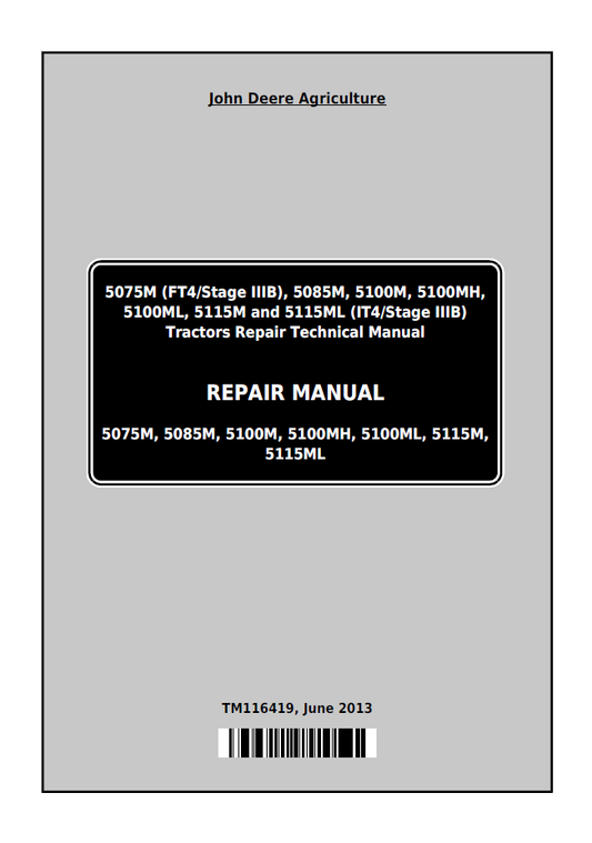 John Deere TM116419 5075M-5115M M Series Tractor Repair Manual