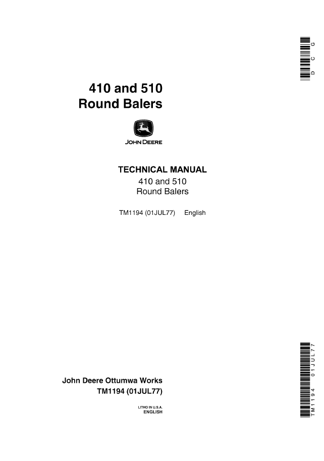 John Deere TM1194 410 510 Round Baler Technical Service Manual