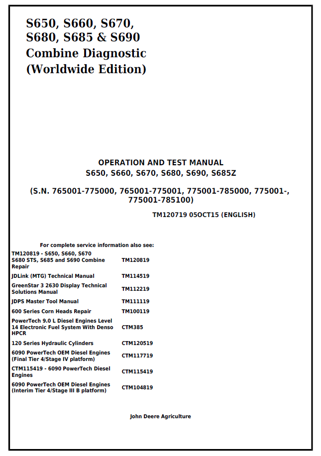 John Deere TM120719 S650 S660 S670 S680 S685 S690 Diagnostic Manual