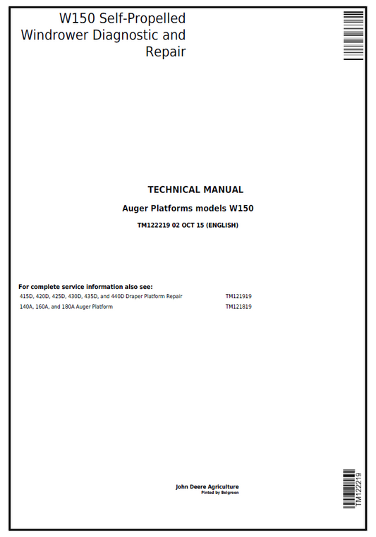 John Deere TM122219 W150 Self-Propelled Windrower Repair Manual