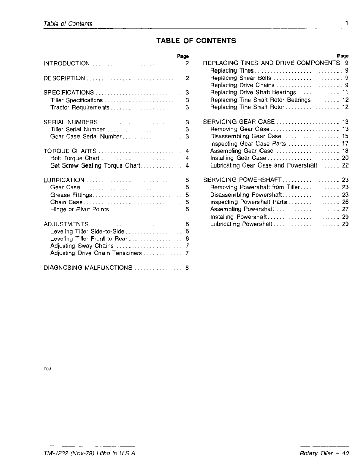 John Deere TM1232 40 Rotary Tiller Service & Repair Manual