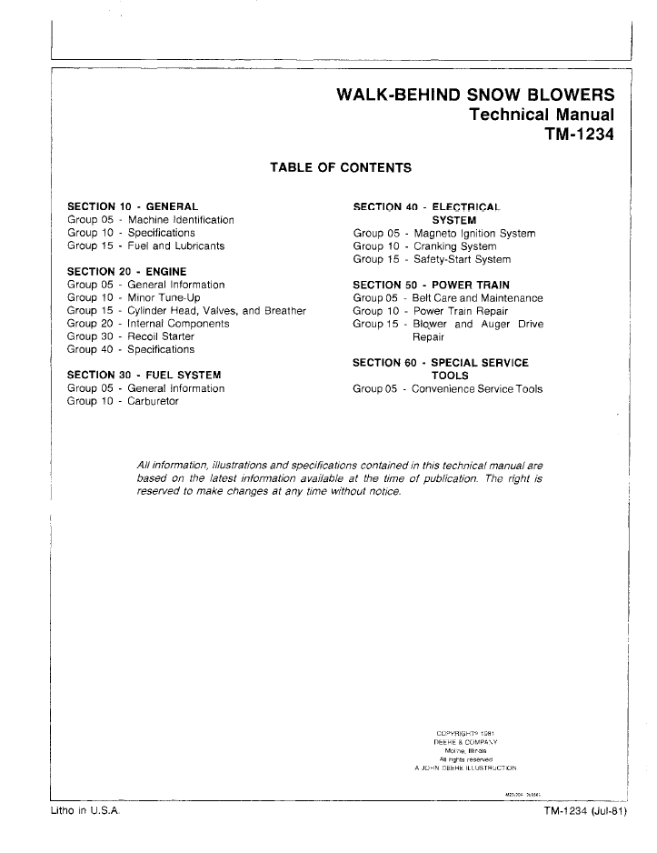 John Deere TM1234 Snowblower Repair & Service Manual