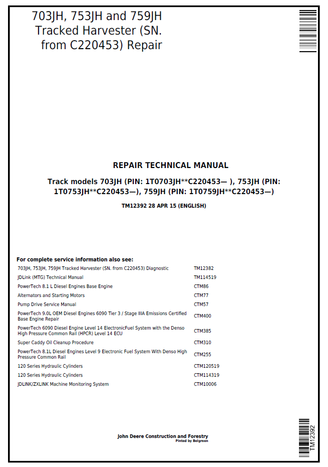 John Deere TM12392 703JH 753JH 759JH Tracked Harvester Manual PDF