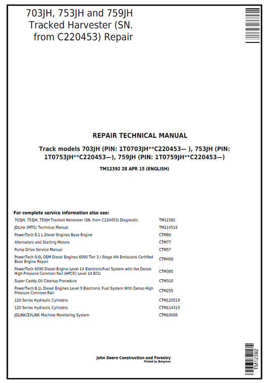 John Deere TM12392 703JH 753JH 759JH Tracked Harvester Manual PDF