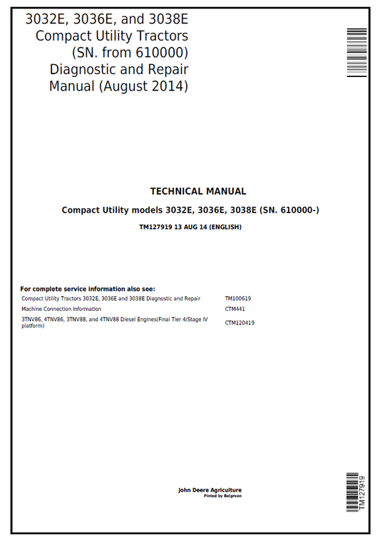 John Deere TM127919 3032E 3036E 3038E Compact Tractor Manual