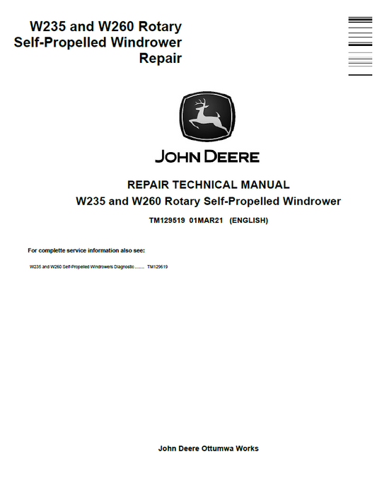 John Deere TM129519 W235 W260 Rotary Windrower Repair Manual