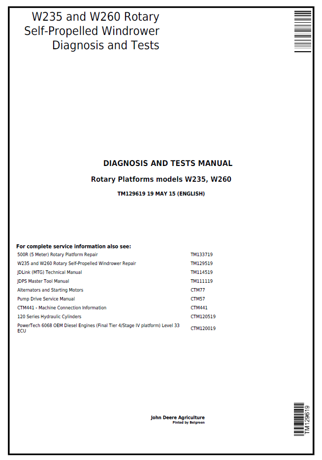 John Deere TM129619 W235 W260 Rotary Windrower Diagnosis Manual