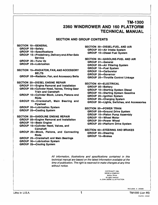 John Deere TM1300 Service Manual for 2360 Windrower and 160 Platform