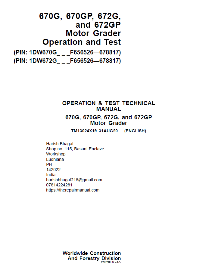 John Deere TM13024X19 670G 670GP 672G Motor Grader Test Manual