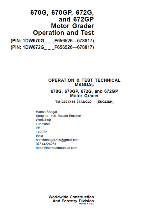 John Deere TM13024X19 670G 670GP 672G Motor Grader Test Manual