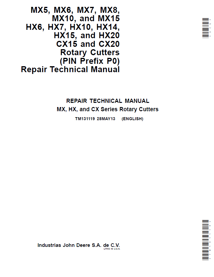 John Deere TM131119 MX HX CX Series Rotary Cutter Repair Manual