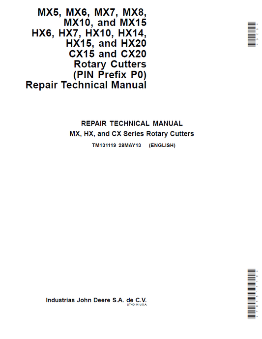 John Deere TM131119 MX HX CX Series Rotary Cutter Repair Manual