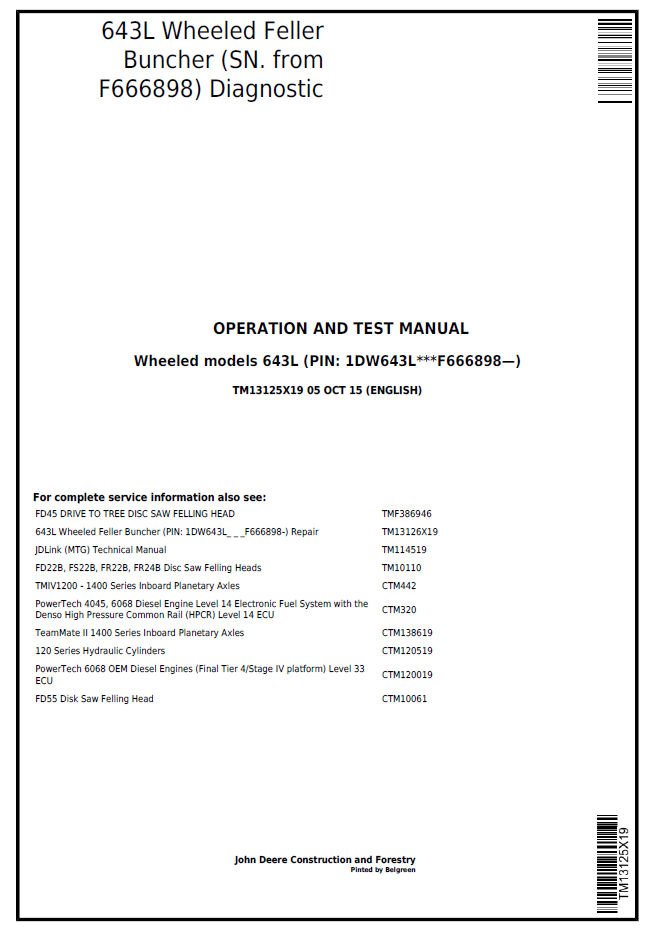 John Deere TM13125X19 643L Wheeled Feller Buncher Diagnostic Manual