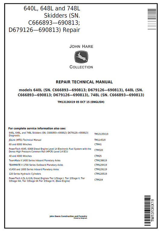 John Deere TM13136X19 640L 648L 748L Skidder Repair Manual