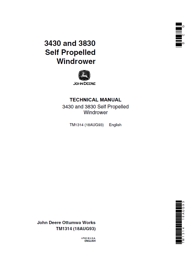 John Deere TM1314 3430 & 3830 Self-Propelled Windrower Technical Manual