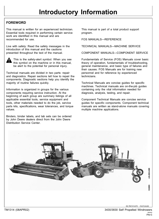 John Deere TM1314 3430 & 3830 Windrower Service Repair Manual