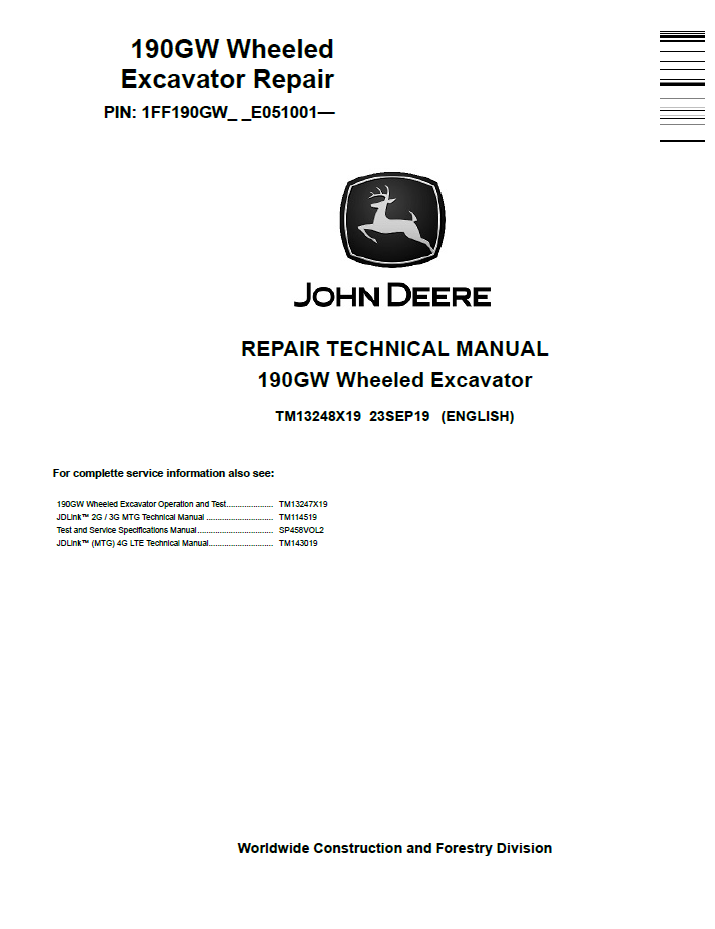 John Deere TM13248X19 190GW Wheeled Excavator Repair Technical Manual PDF
