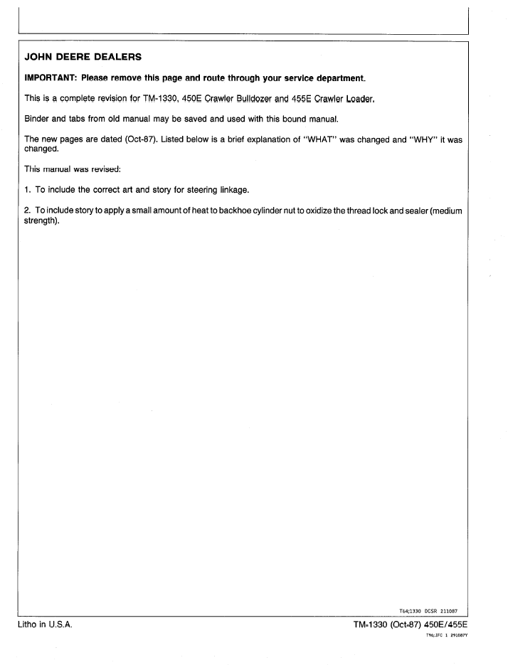 John Deere TM1330 450E Bulldozer 455E Loader Repair Manual