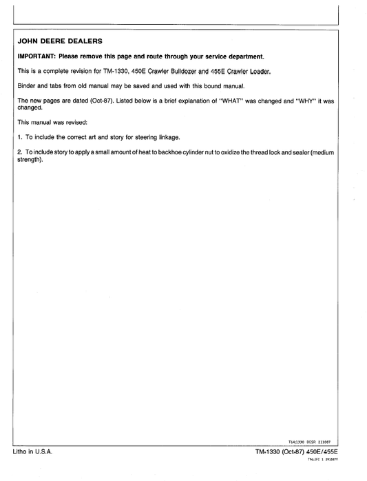 John Deere TM1330 450E Bulldozer 455E Loader Repair Manual