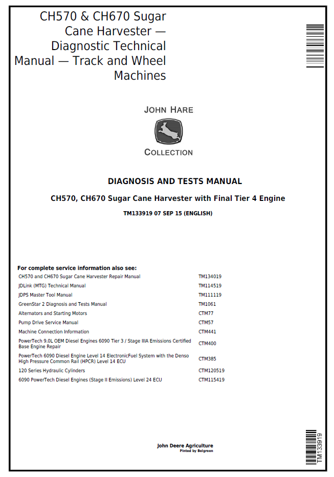 John Deere TM133919 CH570 CH670 Sugar Cane Harvester Manual