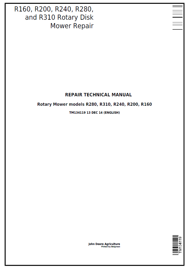 John Deere TM134119 R160 R200 R240 R280 R310 Mower Manual PDF