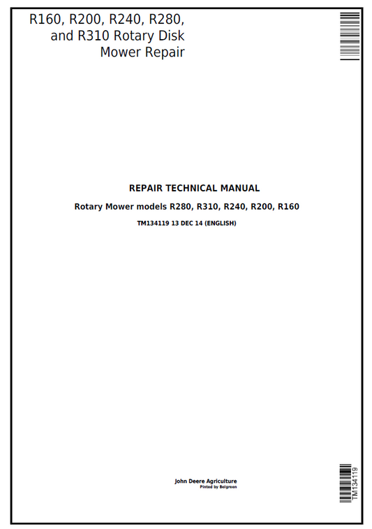 John Deere TM134119 R160 R200 R240 R280 R310 Mower Repair Manual