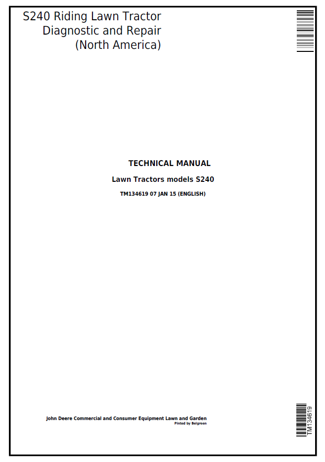 John Deere TM134619 S240 Riding Lawn Tractor Diagnostic Repair Manual
